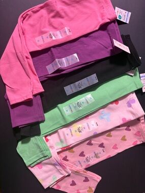 Girls' Multi-Pack Leggings - Pink, Purple, Black, Mint, Printed Hearts